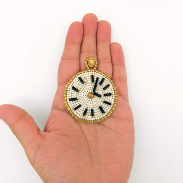 Wall Clock Beaded Applique, Hand Embroidered In White And Gold Beads, Beaded Motif